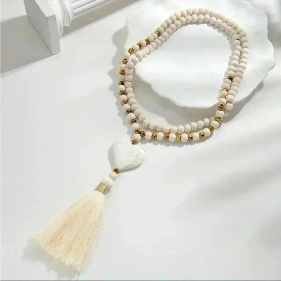 Boho-Chic Turquoise Heart & Wooden Bead Y-Shaped Necklace with Wheat Tassel - Picture 3 of 4